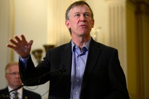 DENVER, CO - SEPTEMBER 21: Colorado governor John Hickenlooper appeals to voters to vote "yes" on Proposition BB on September 21, 2015 at the Colorado State Capitol Building. Governor Hickenlooper and members of the Joint Budge Committee wanted to appeal to voters to vote yes for Proposition BB that would put the tax money from the sale of recreational marijuana into rebuilding schools, funding programs for drug rehabilitation and other programs that voters agreed on. (Photo By Brent Lewis/The Denver Post via Getty Images)